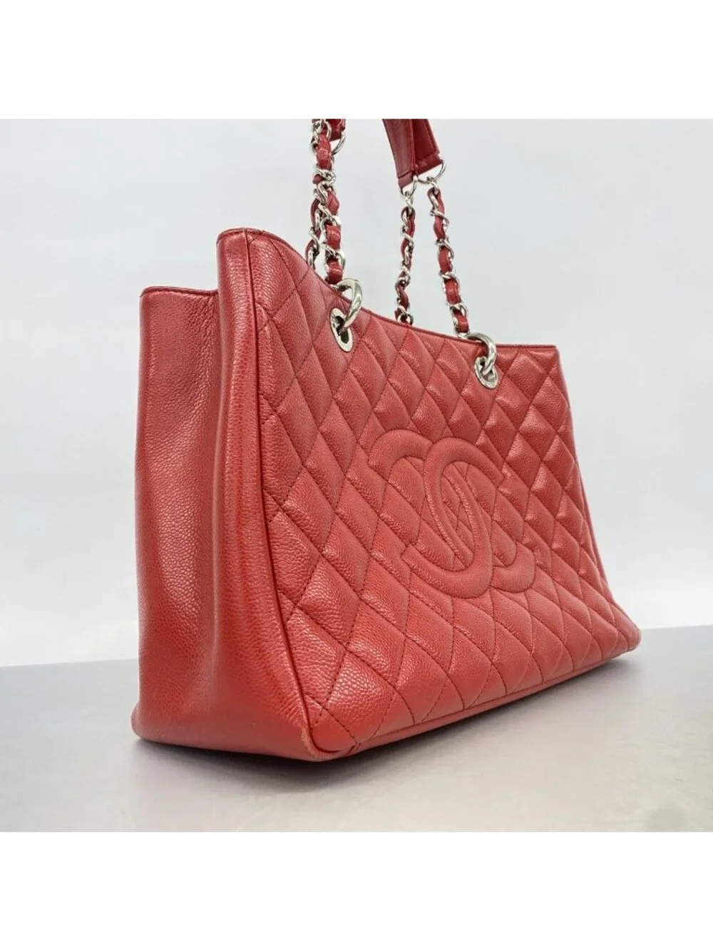 Chanel Chain Tote Bag Quilted Caviar Leather Red Silver